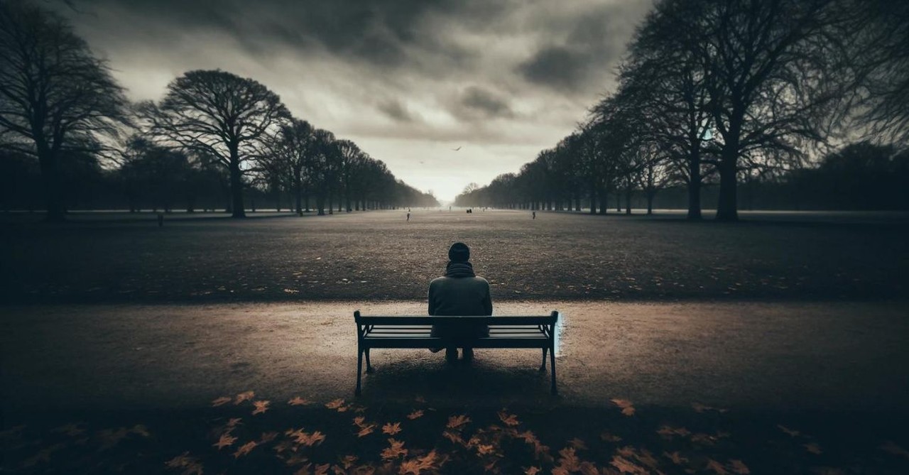 Lonely person sitting on a bench alone;