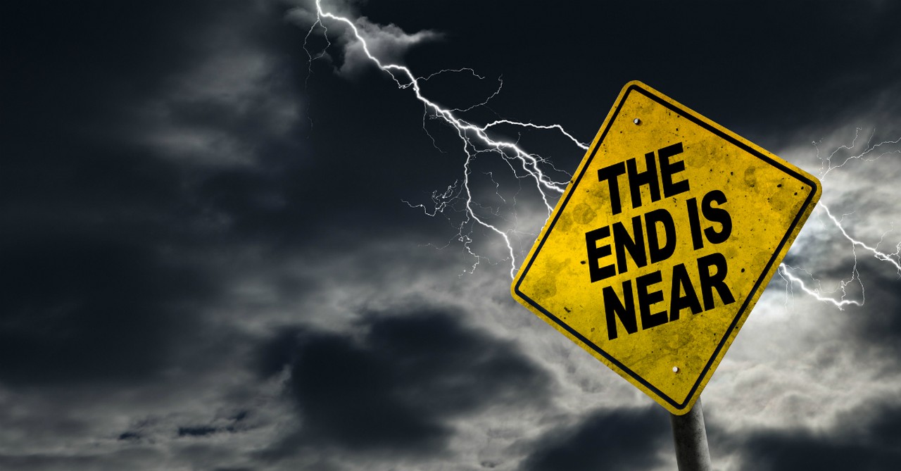stormy sky sign saying the end is near end times lightning